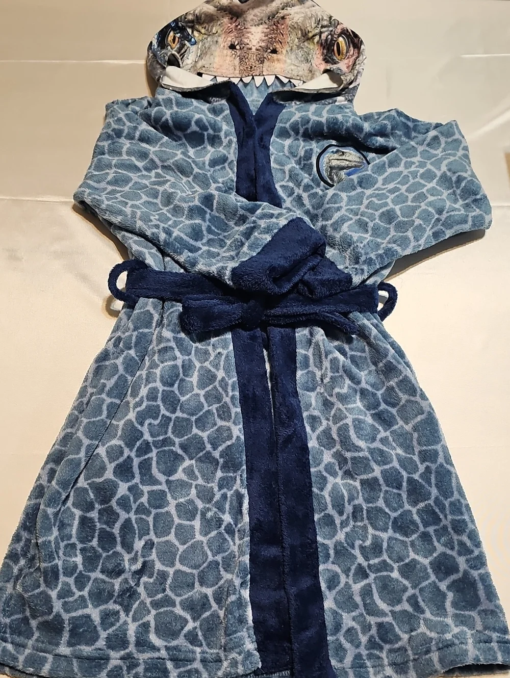 Jurassic World Kids Blue Dinosaur Hooded Plush Robe with Belt